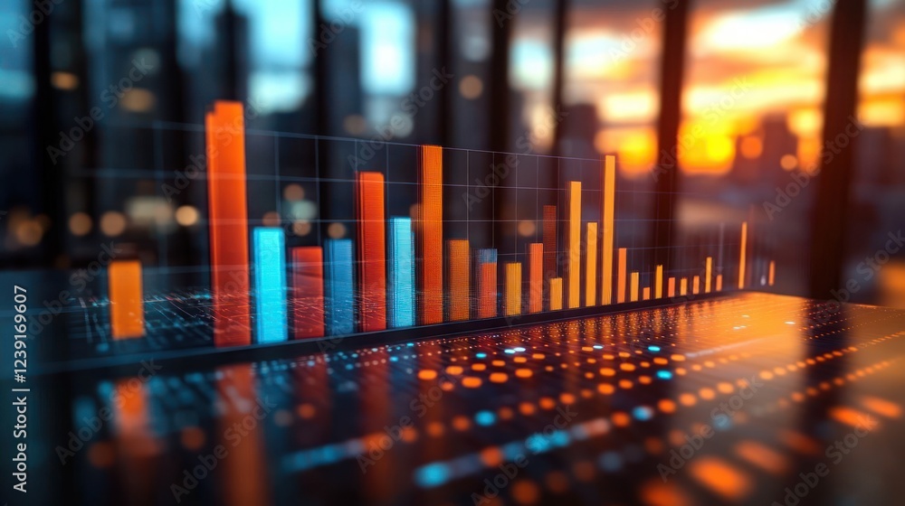 Poster vibrant 3d bar chart visualization of profitability analysis in a modern office setting