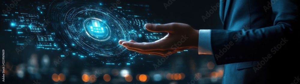 Poster futuristic businessman engaging with ai technology and holographic interfaces for data and communica