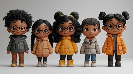 Five adorable cartoon children wear winter jackets