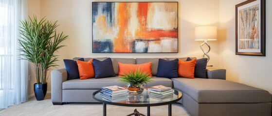 Modern living room setup featuring a gray sectional sofa, vibrant orange cushions, abstract wall art, stylish coffee table, indoor plants, and elegant lighting decor.