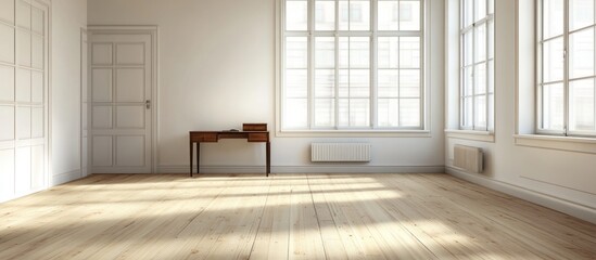 Fototapeta premium Bright and Airy Room Interior Design with Wooden Floors and Large Windows