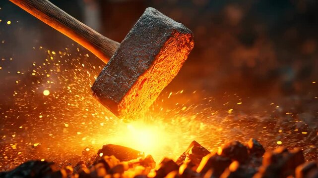 Blacksmith&rsquo;s Hammer Striking Heated Metal with Sparks Flying in a Fiery Forge, Symbolizing Hard Work, Strength, and Craftsmanship. Fire sparks floating in air