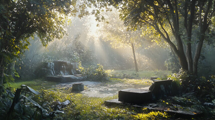 Fototapeta premium Exploring Tranquil Forests: Sunlit Paths Through Misty Ruins and Overgrown Stones in a Serene, Atmospheric Wilderness of Tranquility and Beauty