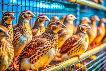 Obraz premium Quails in Cages at a Modern Bird Farm