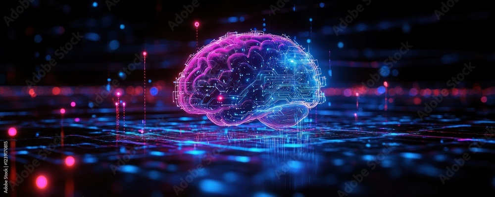 Poster glowing brain circuitry abstract art futuristic technology neural network deep learning digital holo