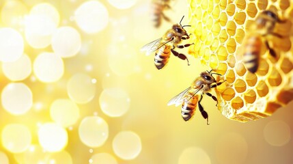 Close-Up of Bees Pollinating Honeycomb Surrounded by Soft Light