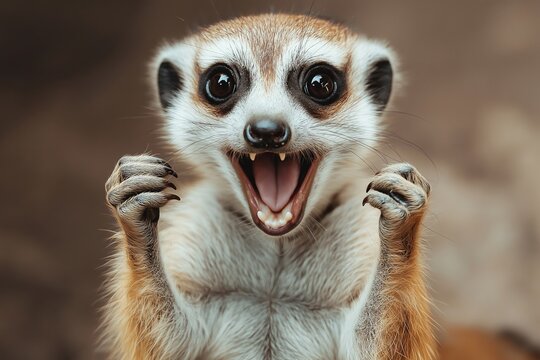 A playful meerkat showcases its joyful expression and unique charm in this captivating image.