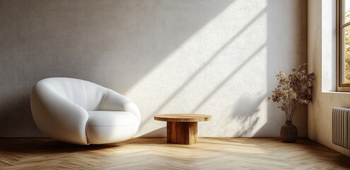 Minimalist Scandinavian Living Room with Curved Armchair and Wooden Coffee Table