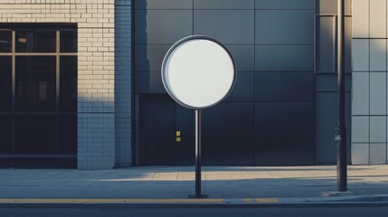 Blank round signpost, city street, building backdrop, advertising