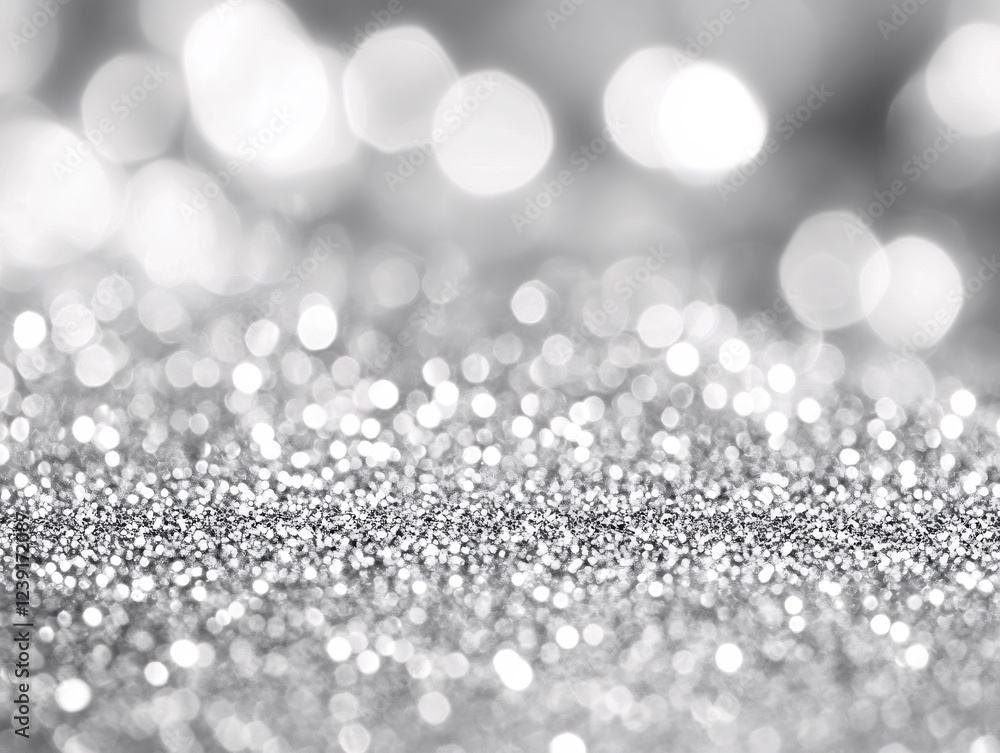 Poster silver glitter texture with blurred bokeh lights creating a festive and elegant background