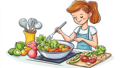 Young Girl Cooking Fresh Vegetable Salad in a Bright Kitchen