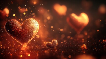 Glowing Red and Gold Glitter Hearts Romantic Valentine's Background