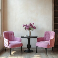 Cozy Modern Cafe Interior with Pink and Lavender Chairs