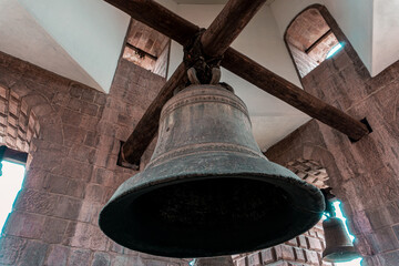 Fototapeta premium Close-Up of the Bell Tower of San Francisco de Asís Church in Cusco Peru with Detailed Bells and Colonial Architecture