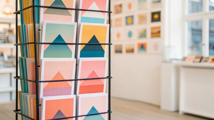 Postcard Stand with Colorful Cards in an Art Gallery