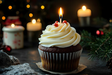 A simple yet festive cupcake design with a single candle, conveying joy and warmth in a celebratory setting.