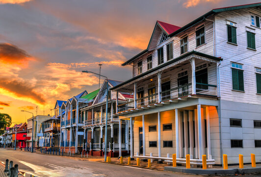 Traditional houses in the historic center of Paramaribo, UNESCO world heritage in Suriname, South America