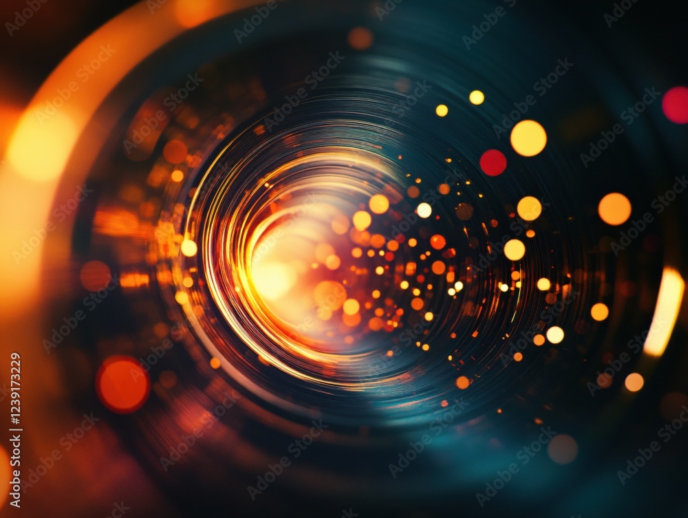 Poster abstract circular tunnel with glowing light and bokeh effect in warm orange and dark teal