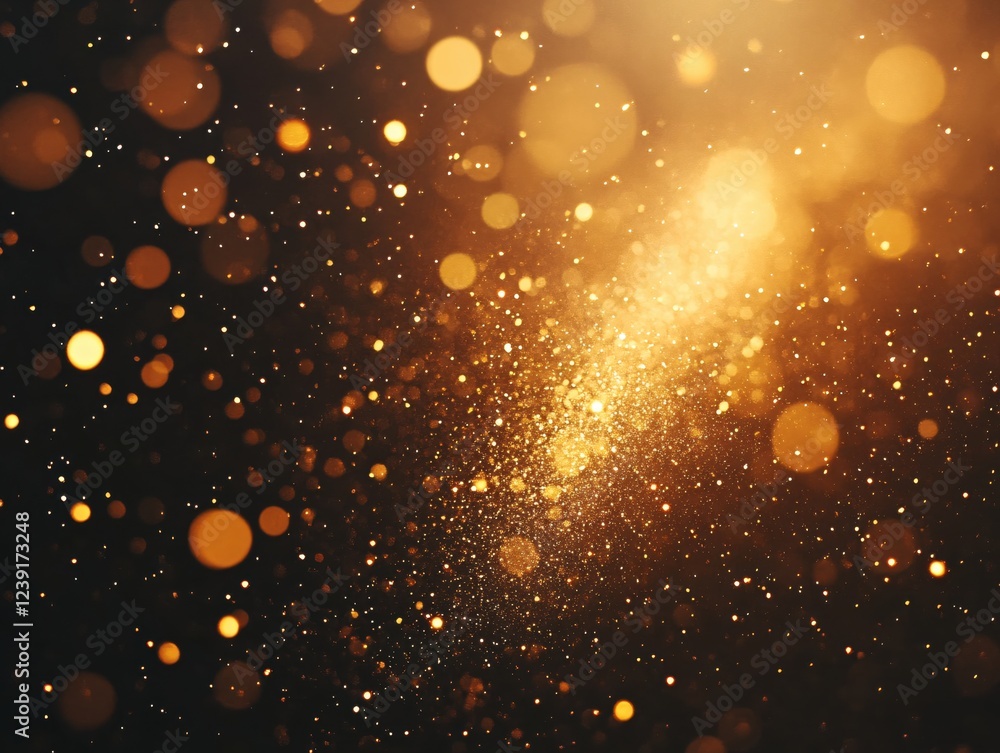Poster golden bokeh light effect with sparkling dust particles on a dark background creating a magical feel