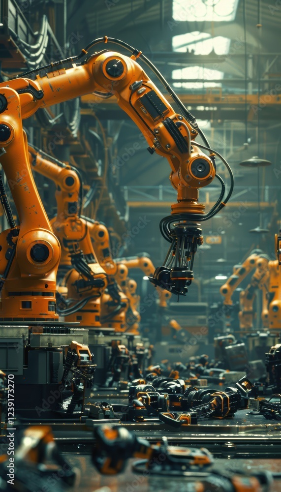 Poster robotics manufacturing plant with advanced robotic arms in synchronization