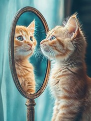 Playful kitten reflecting lion in vintage mirror confidence strength courage ambition