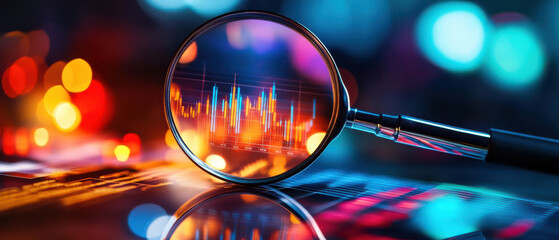 magnifying glass focuses on colorful financial report