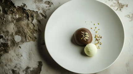 Chocolate fondant with a scoop of pistachio ice cream. Summer ice cream concept