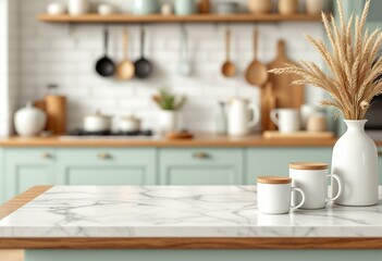 Obraz premium Modern kitchen interior with marble countertop, wooden shelves, and mint cabinets. Empty table surface for product display. Cozy home design with ceramic vase and coffee cups