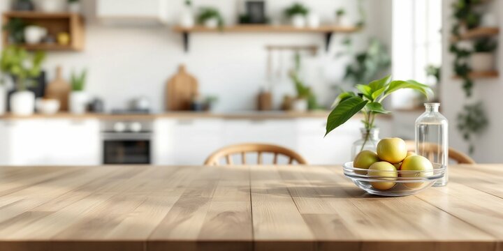 Wooden kitchen table with fresh lemons under glass dome. Modern scandinavian home interior with shelves and plants. Cozy domestic cooking space with copy space
