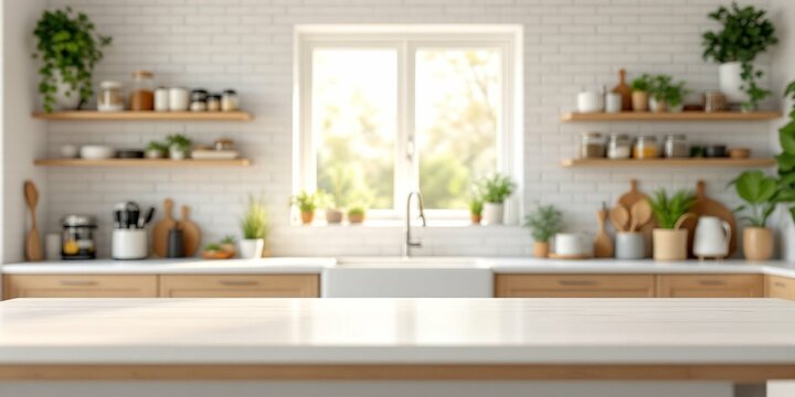 Modern white kitchen interior with wooden counter, window, potted plants and shelves. Bright minimalist home design with natural light and cooking space. Cloud Dancer - Color of the year 2026