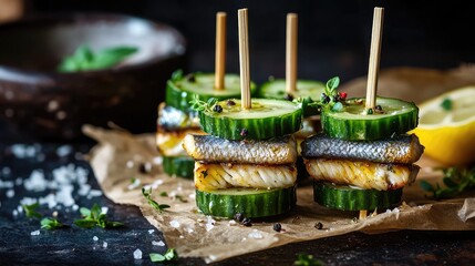 Grilled fish skewers stacked on fresh cucumber slices with lemon and herbs on a rustic table