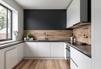 Modern white L-shaped kitchen interior with dark gray wall and wooden accents. Minimalist home design with sleek cabinets and natural lighting. Contemporary cooking space with window