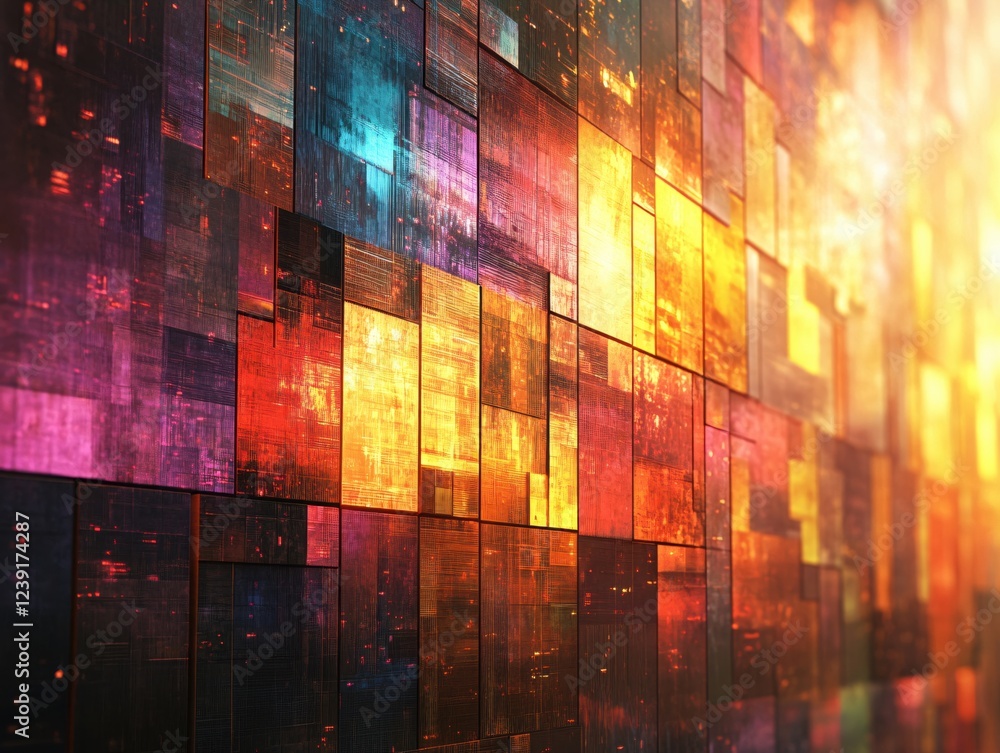 Poster abstract geometric pattern with vibrant colors and a warm light creating a futuristic mood