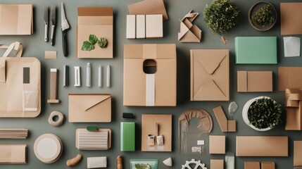 Flat lay showcasing a diverse collection of eco friendly packaging materials, promoting sustainable and innovative solutions for businesses seeking environmentally responsible practices
