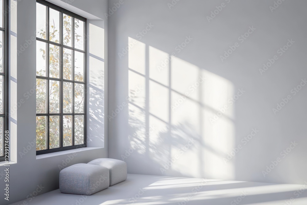 Poster bright minimalist interior design in empty white room with soft sunlight and delicate shadows