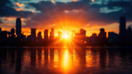 Naklejka premium Vibrant Sunset Over City Skyline Reflecting on Calm Water Surface