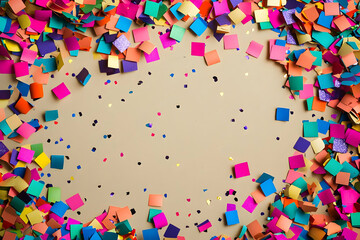 A top-down view of colorful confetti scattered on a beige background, perfect for framing birthday wishes and invitations.