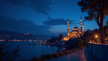 Fototapeta premium Nighttime tranquility with a glowing home overlooking a serene valley skyline