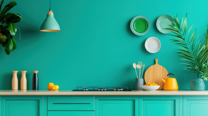 modern kitchen with soft blue walls and light teal cabinets