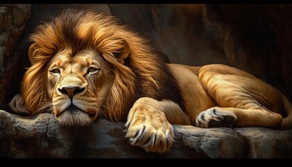 Majestic Lion Portrait Resting on Stone Surface in Natural Light