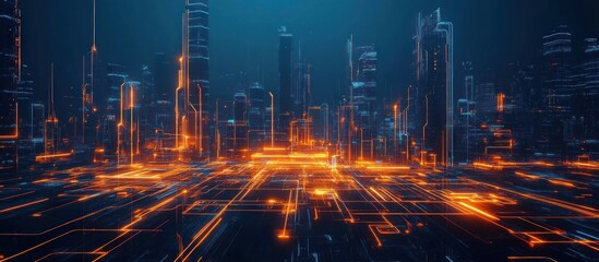 Fototapeta premium Futuristic Cityscape: Neon Lights and Digital Architecture