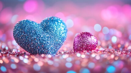 Fototapeta premium Two Glittery Hearts on Pink Sparkle Background