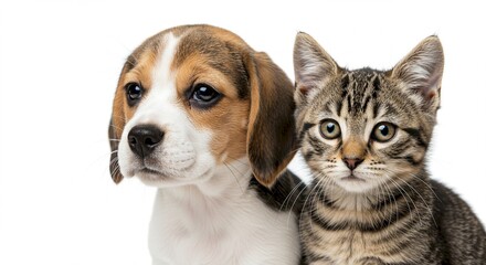 Adorable Beagle Puppy and Kitten Friends Close Up