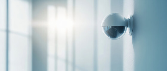 modern security camera on white wall with sunlight streaming in