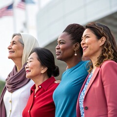 Festive banner for Women's History Month with young woman in superhero costume