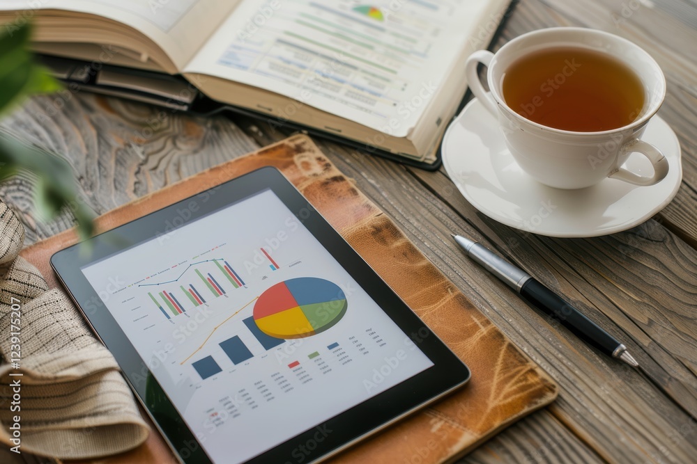 Poster organized workspace with tablet displaying financial data for business analysis and strategy plannin