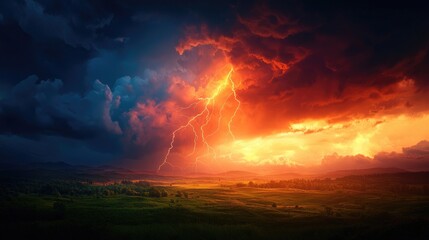 Obraz premium Dramatic Thunderstorm with Lightning Over Vast Serene Landscape