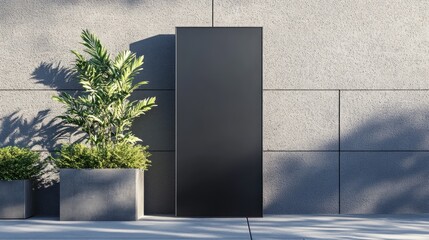 Blank vertical sign outdoors, plants, building