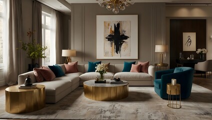 Fototapeta premium A luxurious living room with beige walls, a large sectional, colorful pillows, and gold accents.