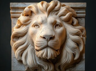 Obraz premium Marble Lion Head Sculpture Classical Renaissance Art Illuminated Detailed Textures Expressions